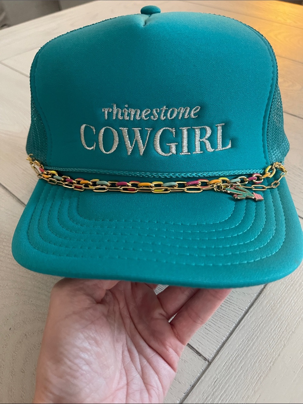 OTTO Teal Rhinestone Cowgirl Hat with Gold Chain Accent